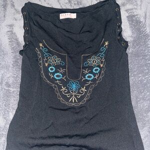 Black Top with Blue and Gold Embroidery